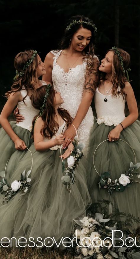 Flower Girl Fall Wedding, 3 Flower Girls, Dresses With Flowers, Fall Flower Girl, Boho Flower Girl Dress, Olive Green Bridesmaid Dresses, Green Flower Girl Dresses, Boho Wedding Colors, Girls Fall Dresses