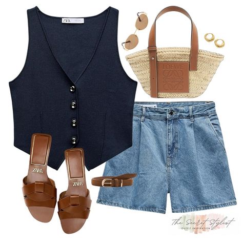 The navy, blue denim and tan outfit you didn’t know you needed! It’s giving old money, sight seeing for me 😮‍💨 The denim shorts, navy waistcoat and tan sandals are all timeless summer wardrobe staples that can be mixed and matched too 💙🤍🤎 Comment LINKS to receive the outfit links directly 🙌🏼 Or SHOP the outfit in the July highlight or via my LTK SHOP - The Secret Stylist #summeroutfit #summerfashion #zaraoutfit #zaraoutfits #neutralstyle #holidayoutfit #loewebag #denimshorts #blueoutfit #w... Tan Sandals Outfit, Tan Shorts Outfit, Blue Summer Outfits, Tan Outfit, Outfit Verano, Outfit Links, Sight Seeing, Denim Shorts Outfit, Summer Wardrobe Staples