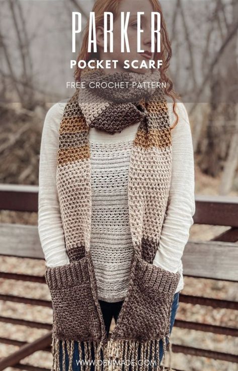 Crochet Parker Pocket Scarf (Free Pattern) Crochet Scarf Boho Style, Newest Crochet Patterns, Crochet Hat And Scarf Sets, Crochet Cat Scarf Pattern Free, Quick Scarf Crochet Pattern, Pocket Scarf Crochet Pattern Free, Keyhole Scarf Crochet Pattern Free, Crochet Hat And Scarf Set Pattern Free, Crochet Wearables Patterns Free