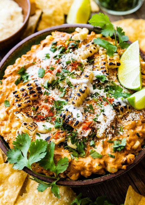 Mexican Street Corn Dip Recipe (Easy and Delicious!) - CucinaByElena Mexican Street Corn Sauce, Roasted Corn Dip Recipe, Mexican Street Corn No Mayo, Baked Mexican Street Corn Dip, Tortilla Dip Recipes, Mexican Street Corn Dip Crock Pot, Mexican Hors D’oeuvres, Hot Mexican Street Corn Dip, Easy Mexican Street Corn Dip