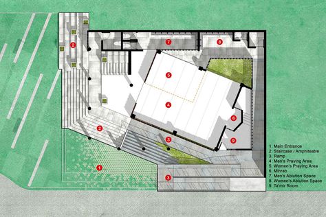 Honeycomb Mosque | Andyrahman Architect | ArchiDiaries Mosque Landscape Design, Mosque Landscape, Masjid Design, Office Reference, Ramps Architecture, Concept Board Architecture, Site Development Plan, Mosque Design Islamic Architecture, Mosque Design