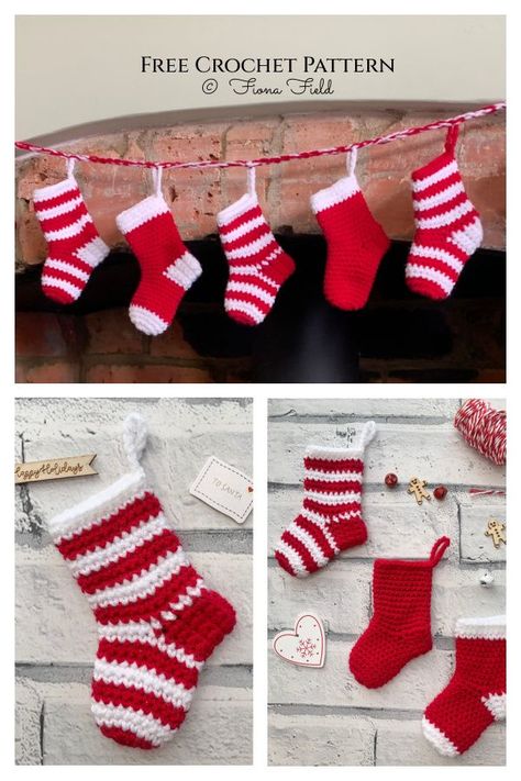 Mini Stocking Garland Free Crochet Pattern Crochet Stocking Garland Pattern Free, Crochet Stocking Garland, Small Stocking Crochet Pattern, Crochet Christmas Stocking Ornament, Crochet Stocking Ornament, Crochet Tree Decorations, Mini Crochet Stocking Pattern Free, Crochet Xmas Stocking Pattern Free, Mini Stocking Crochet Pattern