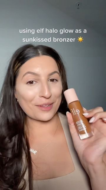 Krystal Marie on Instagram: "the new $14 elf halo glow liquid filter in shade 6 is such a great bronzer if you have a light-light medium skin tone!! IM IN LOVE 😻 #elfcosmetics #elfhaloglowliquidfilter #bronzer #liquidbronzer #flawlessfilter #creambronzer #bronzer #makeuptips #naturalmakeup" How To Apply Liquid Bronzer, Elf Glow Filter, Elf Halo Glow Bronzer, Elf Bronzing Drops, Elf Putty Bronzer, Elf Halo Glow Contour, Best Bronzer For Medium Skin, Elf Primer Infused Bronzer, Best Liquid Bronzer