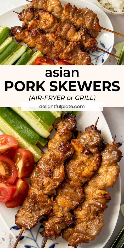 Pork Skewer Recipes, Airfryer Pork Belly Recipes, Ginger Recipes Dinner, Air Fryer Chinese Recipes, Cucumber Sticks, Asian Pork Recipes, Asian Grill, Pork Kabobs, Pork Skewers