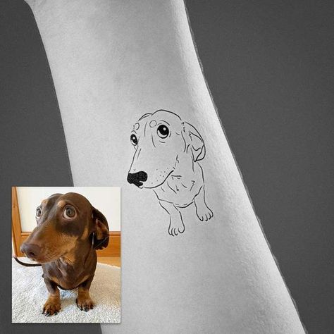 Fine Line Daschund Tattoo, Dauschaund Tattoo, Sausage Dog Tattoo Outline, Dachshund Outline Tattoo, Dachshund Line Art, Papillon Dog Tattoo, Creative Dog Tattoos, Dog Tattoo Line, Sausage Dog Tattoo