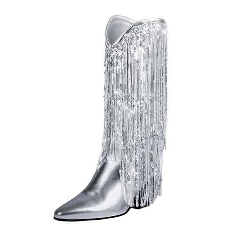 NOSTALCHICKS's Amazon Page Silver Cowboy Boots, Cowgirl Outfits, Thick Heels, Mid Calf Boots, Rubber Heels, Cowgirl Boots, Festival Outfits, Western Boots, Free Jewelry