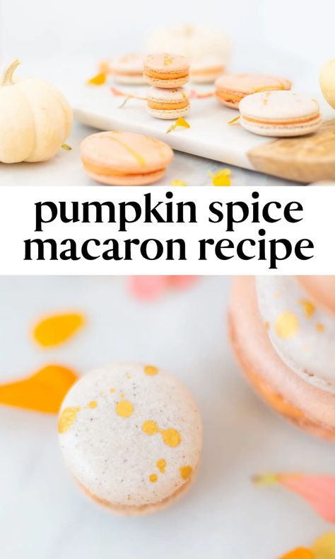 These gold-splattered pumpkin spice macarons are the perfect idea if you want to make pretty fall treats! They're tasty, beautiful, and a fun baking project to tackle. Click for the recipe and learn how to make these gorgeous treats. Pumpkin Spice Macarons, Spiced Buttercream, French Meringue, Macarons Recipe, Yellow Food, Apple Pie Spice, Sugar Pumpkin, How To Make Pumpkin, Pumpkin Butter