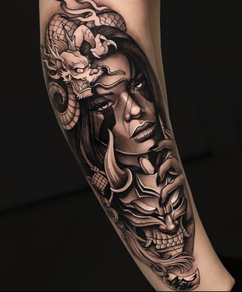 Oni Tattoo Sleeve, Geisha Mask Tattoo, Realistic Japanese Tattoo, Skull Mask Tattoo, Japan Mask Tattoo, Geisha Tattoo For Men, Hannya Maske Tattoo, Tato Realis, Hannya Maske