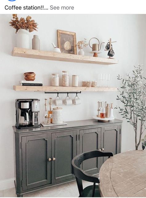 Coffee And Smoothie Bar In Kitchen, Coffee Bar Inside Pantry, Coffee Sitting Area, Simple Coffee Bar Ideas, Coffee Bar Dining Room, Dining Room Coffee Bar, Bar Shelving, Hacienda Homes, Coin Café