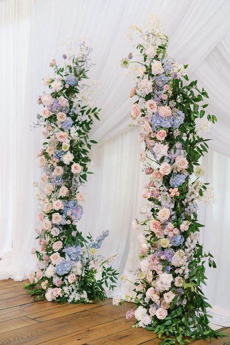 Mixed Pastel Wedding Flowers, Pastel Flower Arch Wedding, Pastel Wedding Altar, Pink Blue Flower Wall, Chapel Wedding Ideas, Pastel Wedding Arch Flowers, Pastel Floral Arch, Pastel Flowers Wedding Decoration, Wedding Ceremony Decorations Simple