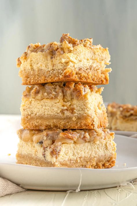 Keto Pecan Cheesecake Bars (Easy!) — Low Carb Quick Low Carb Pecan Pie Cheesecake Bars, Keto Pecan Cheesecake Bars, Keto Butterfinger Bars, Keto Pecan Pie Cheesecake Recipe, Butter Pecan Cheesecake Bars, Low Carb Desserts Easy Quick, Keto Cheesecake Crust, Keto Pecan Cheesecake, Keto Cheesecake Bars