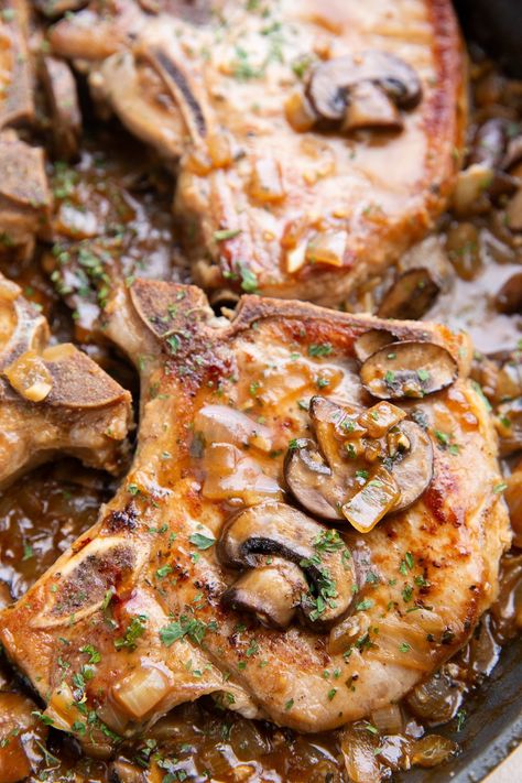 Smothered Pork Chops With Mushroom Gravy (Dairy-Free) - The Roasted Root Pork Chop Mushroom, Pork Chops With Mushroom Gravy, Sauteed Brussel Sprouts, Smothered Pork Chops Recipe, Food Savory, Mushroom Pork Chops, Tender Pork Chops, Smothered Pork, Delicious Sides