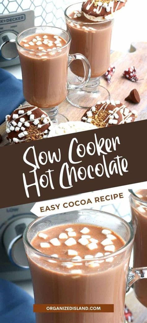 This easy Slow Cooker Hot Chocolate recipe is perfect for the holidays. Make a batch of hot cocoa in your crock pot with just a few ingredients! Hot Cocoa Crockpot Recipe, Slow Cooker Hot Chocolate Recipe, Crock Pot Hot Chocolate Recipe, Slow Cooker Hot Chocolate, Crockpot Drinks, Fun Beverages, Best Hot Chocolate Recipes, Hot Winter Drinks, Spiked Hot Chocolate