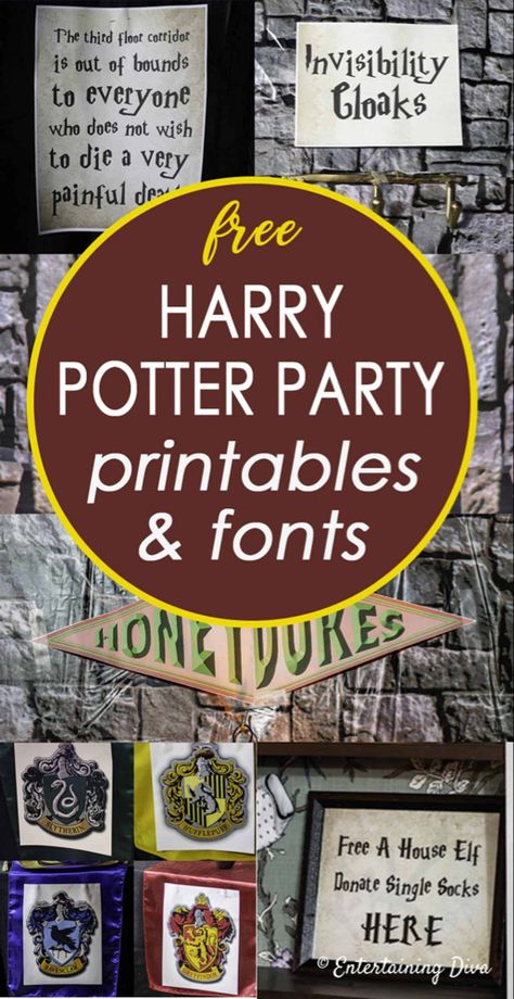 These free Harry Potter party printables and fonts are an easy way to create Harry Potter decorations without having to spend a lot of money. #entertainingdiva #harrypotterparty #partyideas #printables #partydecor Harry Potter Party Printables, Free Harry Potter Printables, Harry Potter Motto Party, Harry Potter Decorations, Harry Potter Weihnachten, Baby Harry Potter, Harry Potter Houses Crests, Harry Potter Sign, Classe Harry Potter