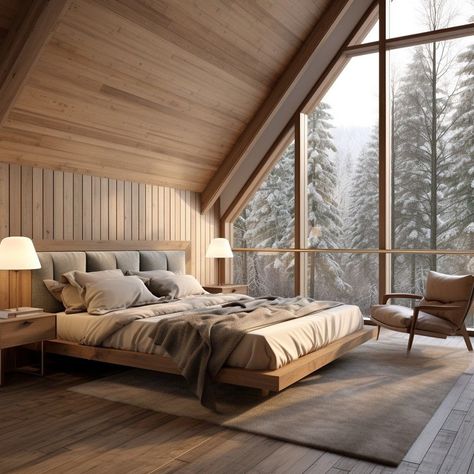 Minimalist Chalet Interior, Cabins In The Woods Interior, Mountain Home Bedroom, Modern Cabin Bedroom, Basement Ideas Unfinished, Unfinished Basement Ideas, Norway House, Modern Wooden House, Bungalow Bedroom