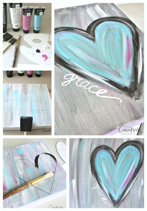 Abstract Heart Painting, Cuadros Diy, Canvas Painting Tutorials, Heart Canvas, Kids Canvas, Easy Canvas Painting, Canvas Painting Diy, Heart Painting, Groundhog Day