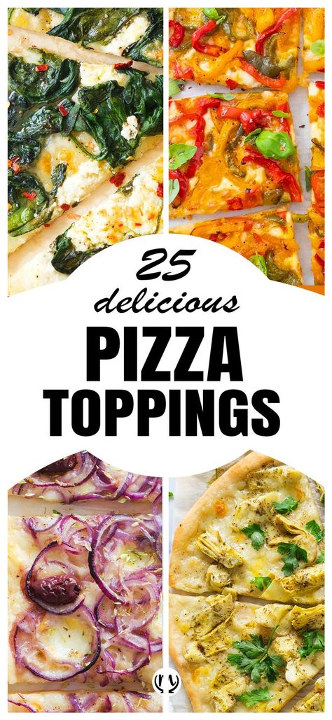 Top view of four different pizza toppings. Pizza Toppings Ideas, Healthy Pizza Toppings, Pizza Oven Recipes, Veg Pizza, Pizza Menu, Easy Homemade Pizza, Gourmet Pizza, Creative Recipes, Favorite Recipes Dinner