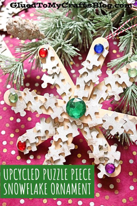 Puzzle Piece Snowflake Ornaments For Christmas - Kid Craft Puzzle Piece Ornaments Kids, Puzzle Piece Christmas Crafts, Snowflake Ornaments For Kids, Puzzle Piece Ornaments, Puzzle Ornaments, January Preschool, Activities Director, Recycled Christmas Decorations, Kids Ornament