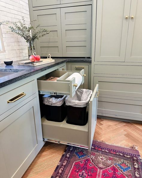 Combined paper towel holder, trash can and drawer for kitchen towels. 😍It was important for us when designing this kitchen to utilize… | Instagram Paper Towel Roll Under Cabinet, Trash Drawer Kitchen, Hidden Kitchen Trash Can Ideas, Where To Put Paper Towels In Kitchen, Paper Towels In Kitchen, Lower Kitchen Cabinet Ideas, Paper Towel Storage Ideas, Trash Can Storage Kitchen, Trash Can Drawer