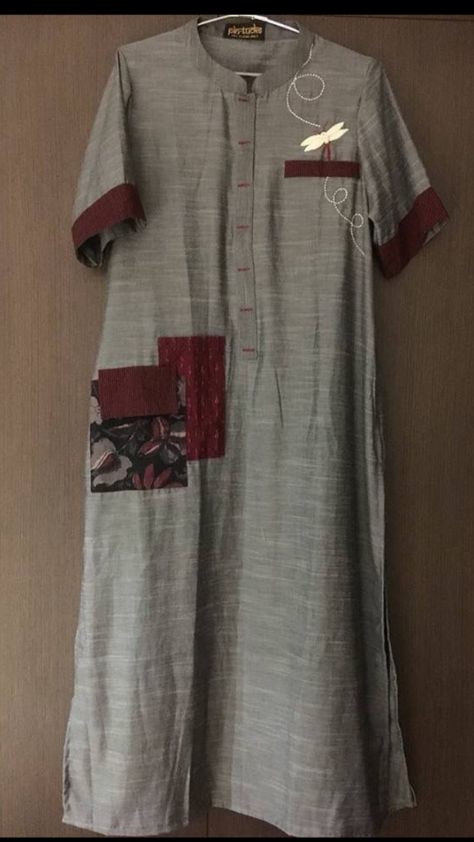 Linen-cotton kurti with patches detailing Kurtis With Pockets Style, Patch Kurti Design, Pocket Style Kurti Design, Pocket Kurti Design, Cotton Kurties, Plain Kurti Designs, Sukienki Maksi, Indian Kurti Designs, Kurti Patterns