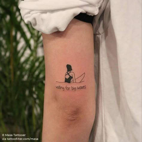 Waiting for big waves Surf Board Tattoo Simple, Surfing Tattoos Girl, Surf Tatoos Ideas, Surfing Tattoos Ideas, Surfboard Tattoo Ideas, Minimalist Surf Tattoo, Surfer Tattoo Ideas, Surf Tattoo Ideas, Surfing Tattoos