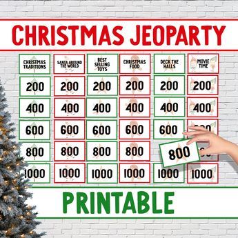 Printable Christmas Jeoparty is the perfect Christmas Jeopardy style party game for any Christmas party. This printable game is super easy to set up and play. Jeoparty Christmas is ready to play with questions and answers for your Christmas events. ▼HOW TO PLAY 1. Play individually or in groups. 2. Pick a category and a point value. 3. Click on the chosen box for the question. 4. Players must give the answer in the form of a question. 5. To see if a player or group is correct, check the answer sheet for the answer. 6. If the player or team is correct, they are awarded the point value of the question.  7. Continue until all questions have been answered. The team with the most points wins. ▼THE CATEGORIES ARE: - Christmas Traditions - Best Selling Toys - Santa Around the World - Christmas Fo Christmas Jeopardy Questions And Answers, Holiday Jeopardy, Christmas Jeopardy Game, Christmas Jeopardy, Games For Christmas, Holiday Facts, Jeopardy Game, Printable Christmas Games, Coworkers Christmas