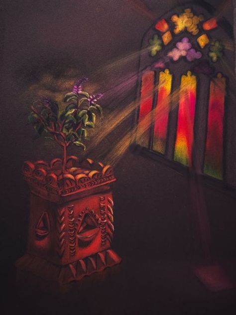 Tulsi Plant Illustration, Tulsi Painting, तुलसी विवाह, Tulsi Plant, Buddha Canvas, Sacred Plant, Rays Of Light, Plant Painting, Plant Drawing