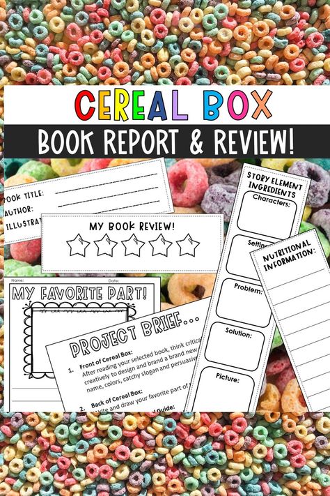 Third Grade Book Report Ideas, Cereal Box Report, Cereal Book Report Ideas, Fun Book Report Ideas, Cereal Box Projects For School, Book Report Ideas Elementary, Cereal Box Book Report Template, Kindergarten Book Report, Book Report Ideas