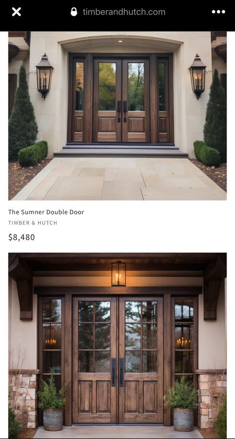 French Door Entryway Foyers, Large Double Doors Entrance, Balcony Doors Ideas, Double Front Door With Sidelights, Farmhouse Double Front Door, Farmhouse Double Doors, Tall Front Door, Wooden Double Front Doors, Best Modular Homes