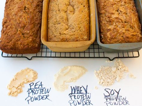 WHICH PROTEIN POWDER IS BEST FOR BAKING? #HealthyKitchenHacks | @TspCurry - TeaspoonOfSpice.com Soy Protein Powder Recipes, Rich Banana Bread, Protein Banana Bread, Baking Healthy, Banana Bread Ingredients, Sugar Bread, Pea Protein Powder, Protein Bread, Protein Powder Recipes