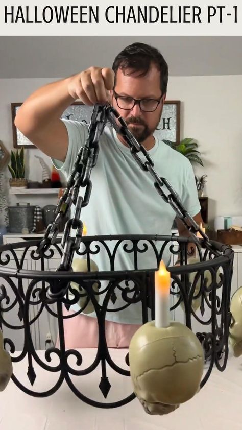 DIY Dollar Tree Halloween Chandelier Part 2! #halloween #halloweendecor #halloween2022 #halloweendecorations #halloweeneveryday… | Instagram Halloween Decor With Chains, Diy Chandelier Halloween, Chandelier Halloween Decor, Halloween Chandelier Diy, Diy Halloween Chandelier, Spooky Chandelier Diy, Halloween Chains Decor, Dollar Tree Halloween Chandelier, Halloween Chandelier Decor