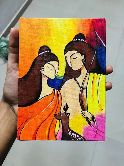 Siya Ram Canvas Painting, Ram Sita Water Colour Painting, Ram Siya Painting, Ram Siya Drawing, Shri Ram Painting, Ram Cartoon, Siya Ram Painting, Painting On Canvas Easy, Ram Painting