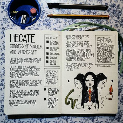 What better way to delve into Greek mythology than with Hecate, Goddess of Magick and Witchcraft! ✨🏛️ . I'm posting this at a time when the… Diety Work, Grimoire Inspiration, Witchy Notebook, Goddess Worship, Blue Chakra, Goddess Magick, Manifesting Journal, Hecate Goddess, Grimoire Book