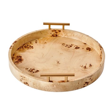 Beautiful Round Burlwood Tabletop Tray with Gold Handles by Drew Barrymore 1.75" X 15.75" - Walmart.com Beautiful By Drew Barrymore Cookware, Beautiful By Drew Barrymore, Taupe Color Palettes, Burl Bowl, Wood Burl Bowl, Round Woven Tray, White Rims, Coffee Serving, Frame Tray