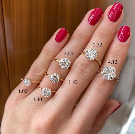 What is the average size stone for Engagement Ring settings? - Carat Comparison, Carat Size Chart, Nyc Engagement Rings, Diamond Carat Size, Brilliant Cut Diamond Ring, Jewelry Knowledge, Unique Diamond Engagement Rings, Minimalist Engagement Ring, Ring Settings