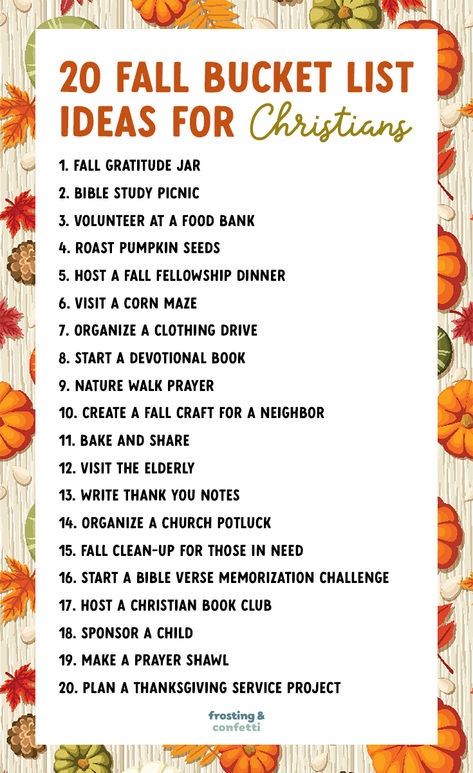 Get ready for an amazing autumn season with these 20 Fall Bucket List Ideas for Christians! From roasting pumpkin seeds, to cozy Bible study sessions, this list has it all. Don't miss out on the free printable checklist to keep track of your adventures. Christian Fall Bucket List, Christian Fall Activities, Fall Bible Study, Christian Bucket List, Autumn Traditions, 30 Bucket List, Christian Autumn, Roasting Pumpkin, Fall Bucket List Ideas