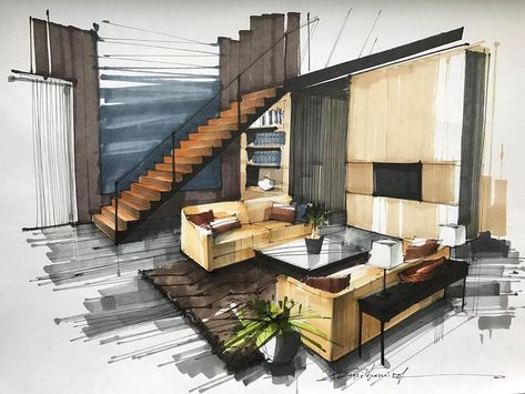 Living Room Sergei Tihomirov Sketchbook Architecture, Rendering Interior, Perspective Sketch, Architecture Drawing Sketchbooks, Interior Design Renderings, Drawing Interior, Interior Architecture Drawing, Interior Design Drawings, Architecture Sketchbook