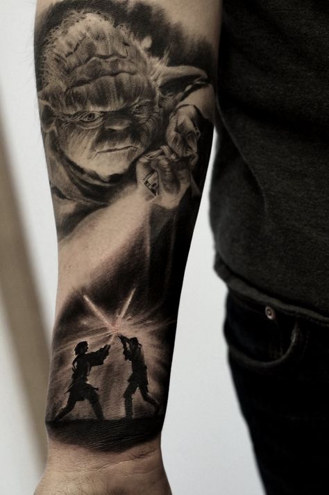 Star Wars Tattoo Sleeve Black And White, Star Wars Half Sleeve Tattoo, Yoda Tattoo Ideas, Star Wars Sleeve Tattoo, Star Wars Tattoo For Men, Star Wars Sleeve, Star Wars Tattoo Ideas, Yoda Tattoo, Star Wars Tattoo Sleeve