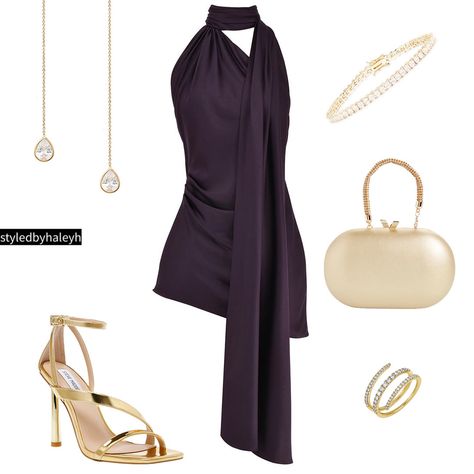 Plum dress Purple Gold Outfit, Gold High Heels Outfit, Black And Purple Outfit Ideas, Purple Dinner Dress, Purple And Gold Outfit, Gold Heels Outfit, Venus Leo, Killa Outfits, F1 Lifestyle