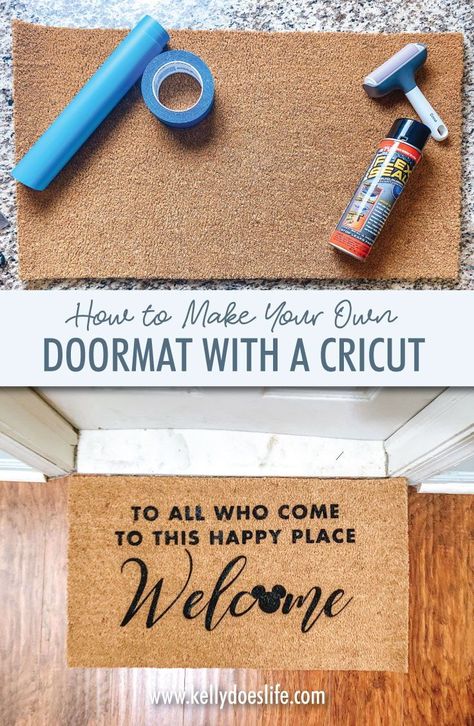 Cricut Welcome Mats Diy, Cricut Outdoor Mat, Diy Front Door Mat Cricut, How To Paint A Doormat Diy, Cricut Door Mat Diy Flex Seal, Diy Door Mats With Cricut, Disney Doormat Ideas, Cricut Floor Mats, Cricut Front Door Mat