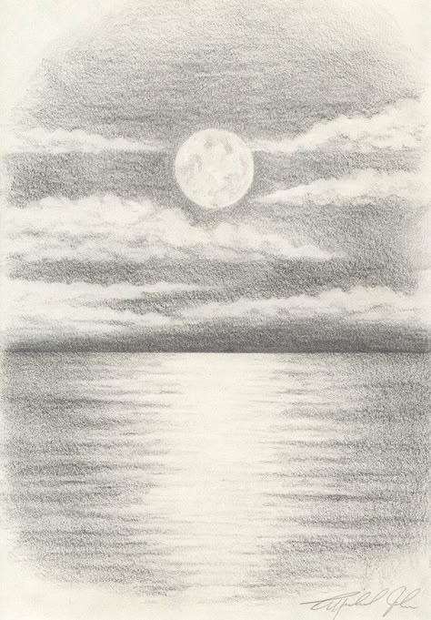 moon Ocean Pencil Sketches, Ocean Sketch Pencil, How To Draw The Ocean In Pencil, Moon And Ocean Drawing, Simple Moon Sketch, Background For Drawings Sketch, Ocean Simple Drawing, Simple Sea Drawing, Moon And Sea Drawing