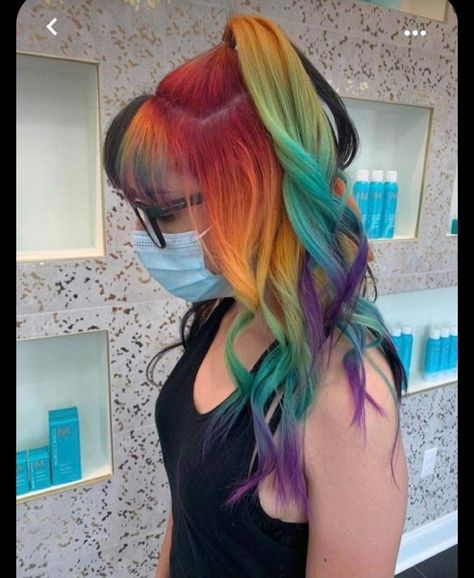 Rainbow Hair Inspiration, Ginger Rainbow Hair, Colourful Hair Dye Ideas, Half Black Half Rainbow Hair, Half Rainbow Hair, Rainbow Split Dye, Black And Rainbow Hair, Rainbow Money Piece, Crazy Color Hair Ideas