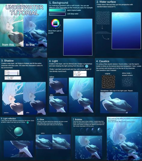 How To Draw Underwater Digital, Underwater Digital Art Tutorial, Underwater Art Tutorial, Water Lighting Reference, Underwater Effect Drawing, Under Water Drawing Tutorial, Ocean Digital Art Tutorial, Underwater Drawing Tutorial, Dynamic Lighting Tutorial