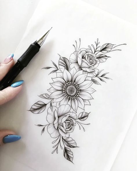 Sunflower And Roses Tattoo, Roses Tattoo Design, Floral Back Tattoos, Rose Tattoo On Arm, Chest Tattoo Ideas, Sunflower Tattoo Sleeve, Blue Rose Tattoos, Mom Tattoo Designs, Roses Tattoo