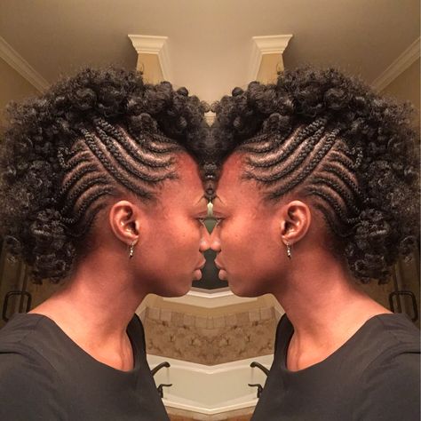 Afro Mohawk Braided Sides, Mohawk Hairstyles For Black Women Short Natural Hair, Braided Mowhak Hairstyle For Black Women, Braided Curly Mohawk, Braided Fro Hawk Natural Hair, Cornrow Mohawk Hairstyles Black, Braided Mohawk With Curls, Curly Braided Mohawk Hairstyles, Black Hair Mohawk Braid Styles