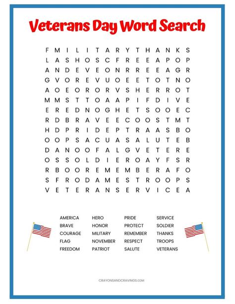 Veterans Day word search printable worksheet with 20 words to find is a fun and educational Veterans Day activity for the classroom or at home. Veterans Day Homeschool Lesson, Homeschool Veterans Day, Veterans Day Games For Kids, Veteran Day Activities For Kids, 2nd Grade Veterans Day Activities, Veteran's Day Activities For Kindergarten, Veterans Day Activities For Kids Free Printable, Veterans Day Lessons, 3rd Grade Veterans Day Activities