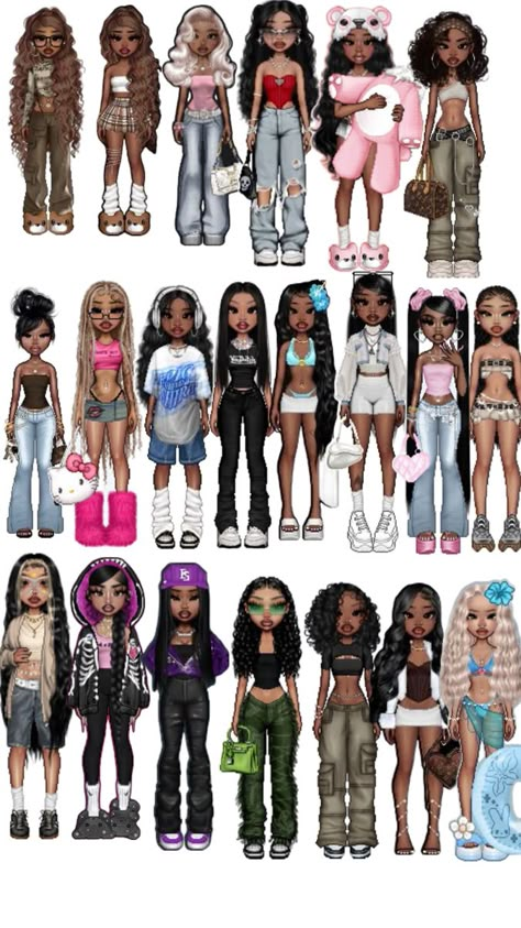 Birthday Y2k, Luh Twizzy, Black Halloween Outfit, Bratz Aesthetic Outfit, Outfit Ideas Baddie, Bratz Outfits, Black Bratz, Fashion Dress Up Games, Black Bratz Doll