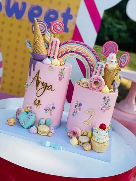 26 Candyland Birthday Party Ideas for Kids - Lady Celebrations Two Sweet Birthday Cakes, Candyland Cake Design, Candy Land Cake Design, 2 Cakes Joined, Too Sweet 2nd Birthday Cake, Candyland First Birthday Party Girl, Four Ever Sweet Birthday Cake, Two Sweet Party 2nd Birthday Cake, Candy Land Cakes