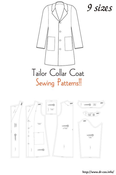 This is the pattern of a Tailor Collar Coat. inch size(letter size) Children's-4,8,10/Ladies'-S,M,L,LL/Men's-L,LL cm size(A4 size) Children's-100,120,140/Ladies'-S,M,L,LL/Men's-L,LL Womens Coat Outfit, Raincoat Pattern Sewing, Trench Coat Pattern Sewing Free, Doll Coat Pattern Free, Clothing Patterns Men, Sewing Coat Pattern, Easy Coat Pattern, Coat Collar Pattern, Lab Coat Pattern