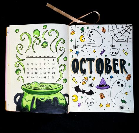 October Book Journal Ideas, Halloween Calender Ideas, October Aesthetic Journal, Bojo Journal Ideas October, Halloween Theme Journal, October Calendar Doodles, Drawing Calendar Ideas, October Journaling Ideas, October Calander Ideas